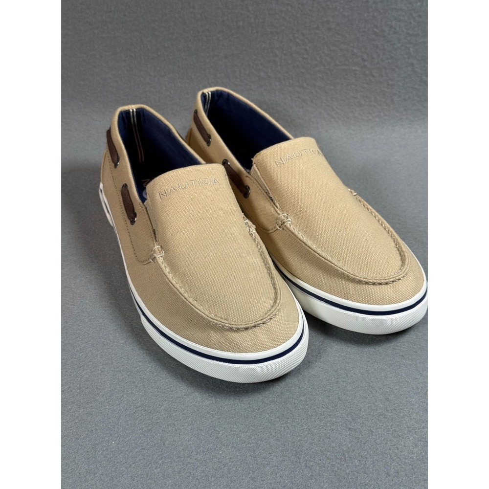 Nautica Mens Doubloon Boat Shoe Slip‎ On 8.5 Tan Canvas Loafer Moccasin Toe